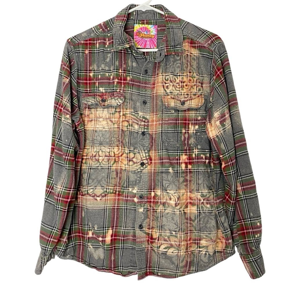 Handmade Floral Flannel Shirt Mens Size Medium Large Bleached Plaid Button Down
